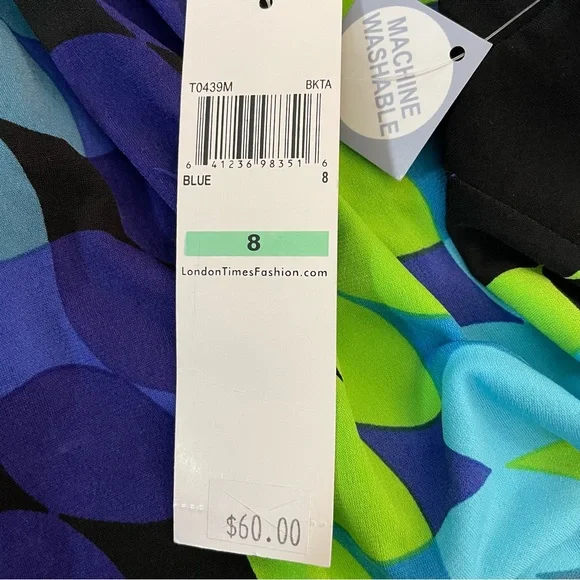 London Times Geometric Leaf Print Dress Size 8 NWT Blue Green Mini Shift 60s Mod - Picture 4 of 5